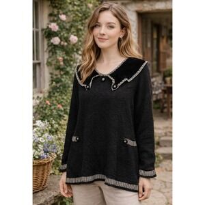 Hot Knots Women Linen Blend Sweater Sz L Velvet Collar Whimsigoth Artsy Eclectic